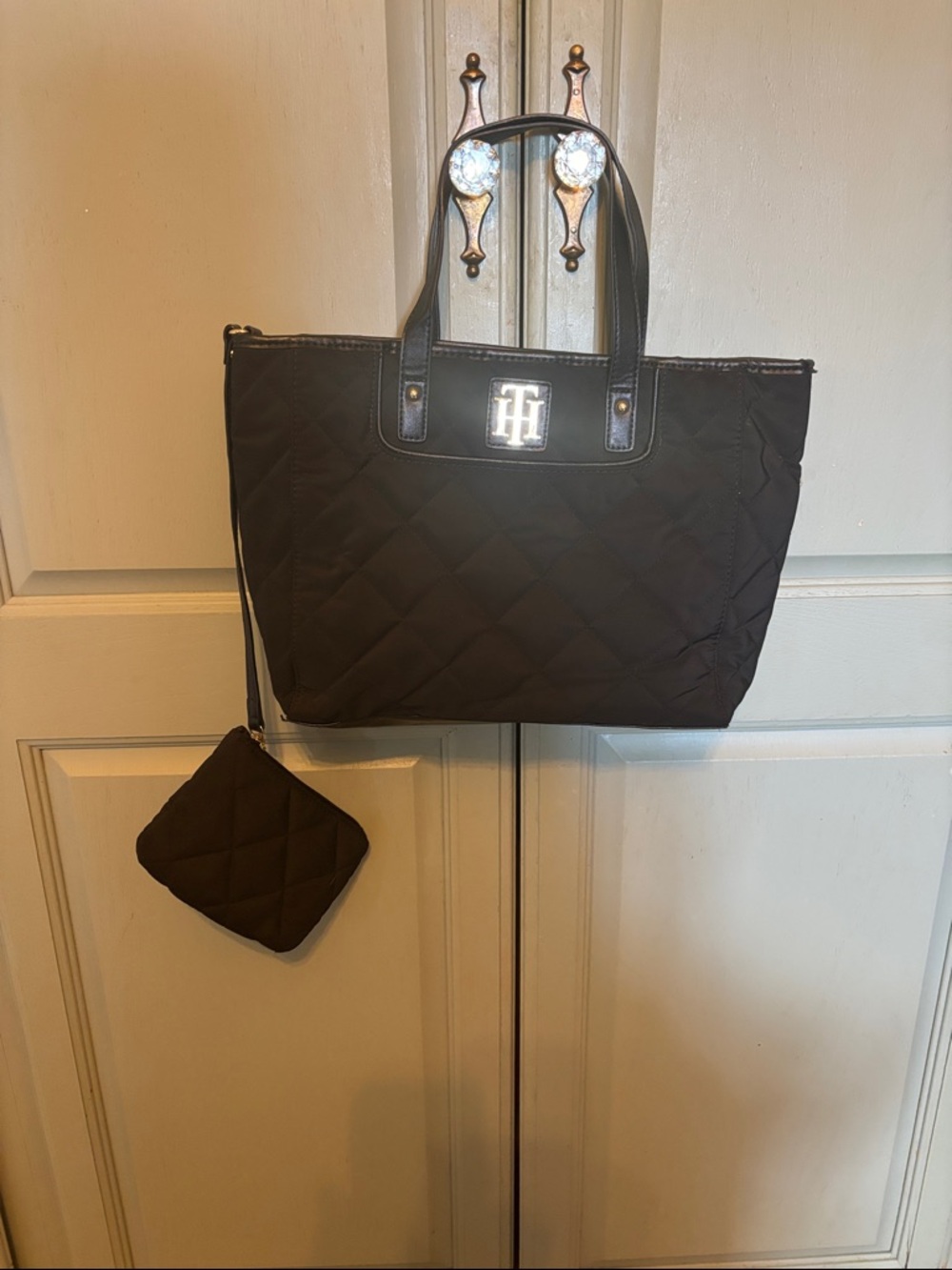 Tommy Hilfiger Black Quilted Tote with Matching Pouch